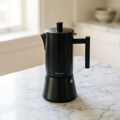 Pisa Induction Moka Pot – Black, 300 ml Stainless Steel – in a lifestyle setting