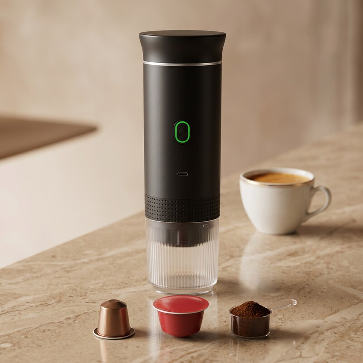 Portable Espresso Maker – Black, 3-in-1, USB-C – compatibility and adapters