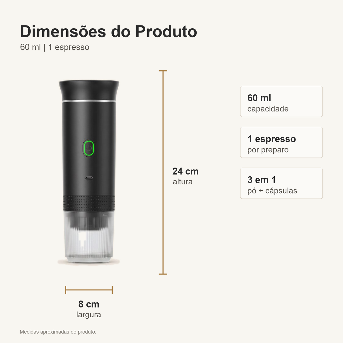 Portable Espresso Maker – Black, 3-in-1, USB-C – dimensions and specifications