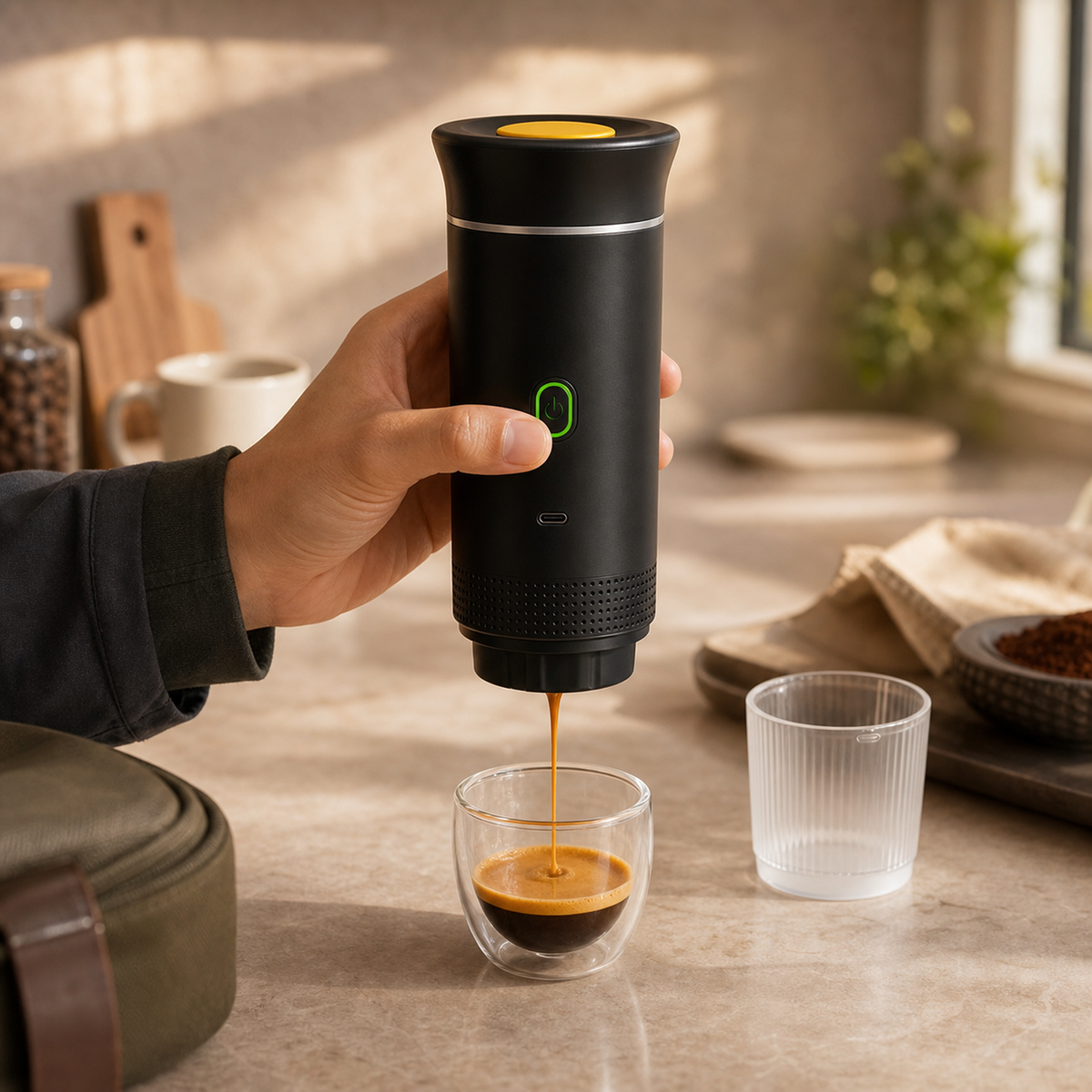 Portable Espresso Maker – Black, 3-in-1, USB-C – in use