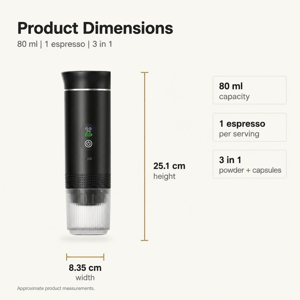 Portable Espresso Machine with LED Display – Black, 80 ml – dimensions and specifications