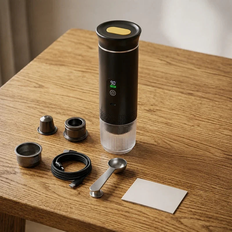Portable Espresso Machine with LED Display – Black, 80 ml – included accessories