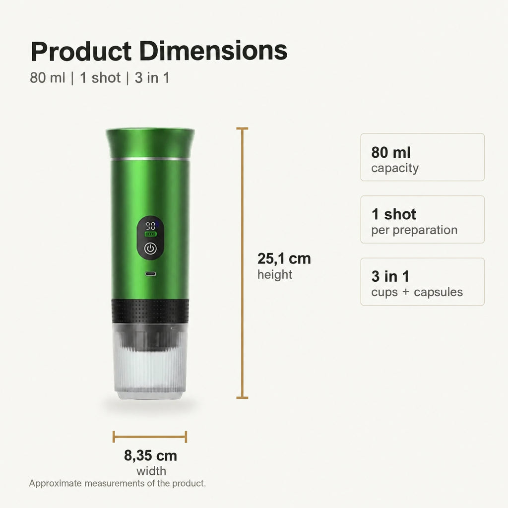 Portable Espresso Machine with LED Display – Green, 80 ml – dimensions and specifications