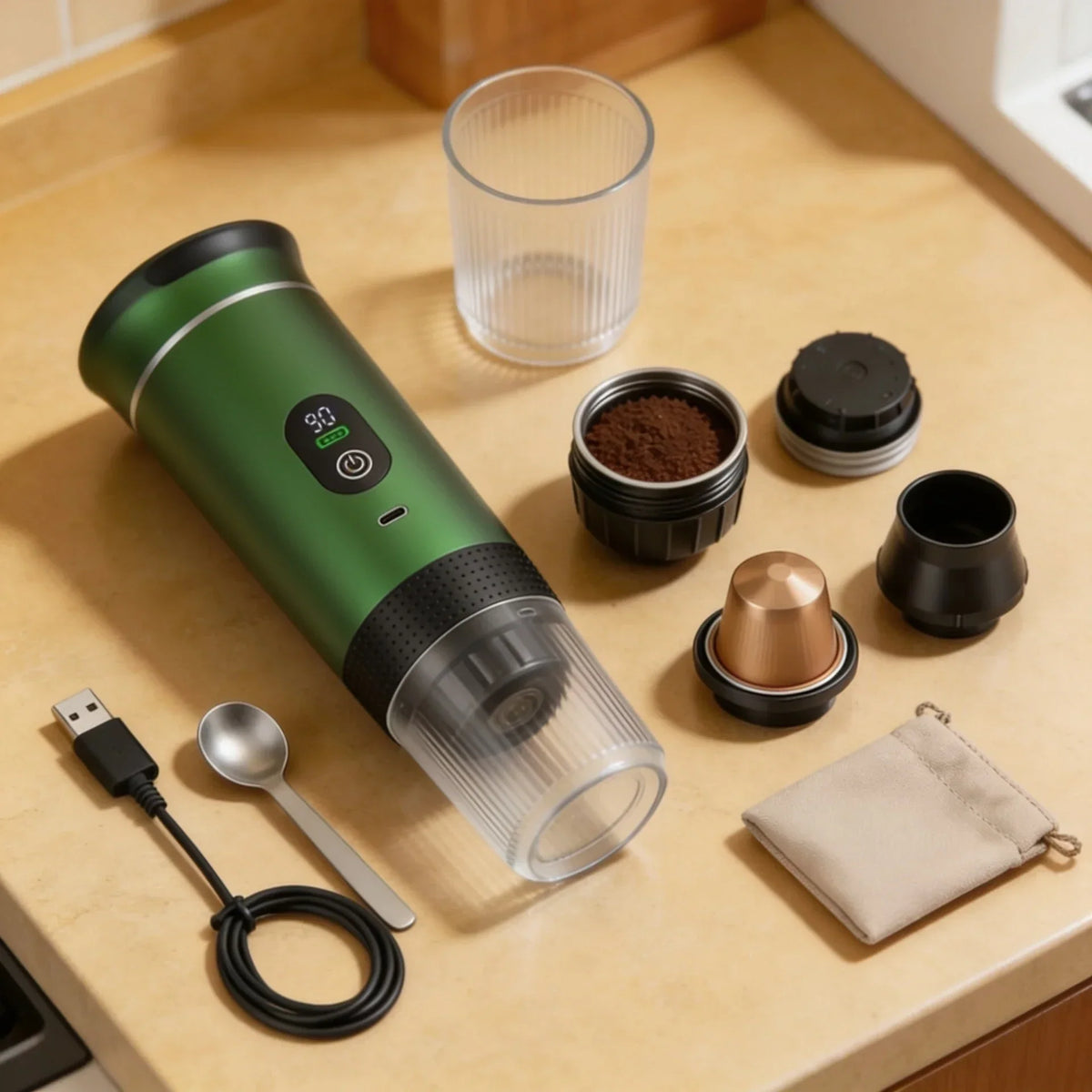 Portable Espresso Machine with LED Display – Green, 80 ml – included accessories