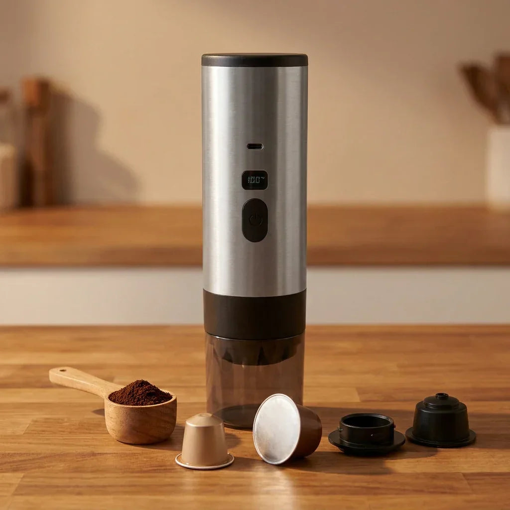 Portable Capsule Coffee Machine with Display – Grey, 90 ml – compatibility and adapters
