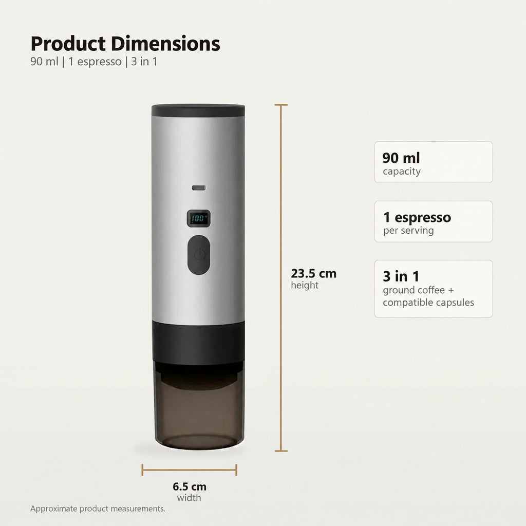 Portable Capsule Coffee Machine with Display – Grey, 90 ml – dimensions and specifications