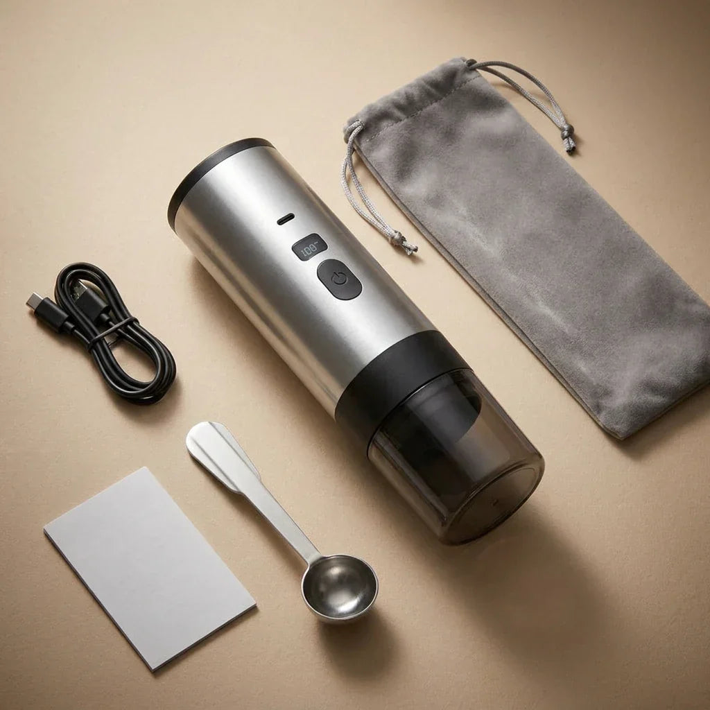 Portable Capsule Coffee Machine with Display – Grey, 90 ml – included accessories