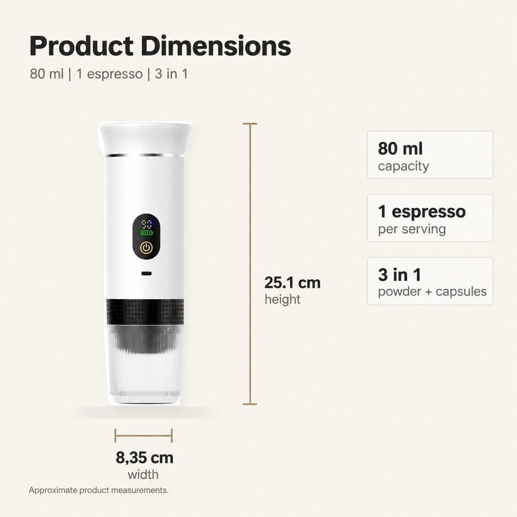 Portable Espresso Machine with LED Display – White, 80 ml – dimensions and specifications