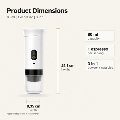 Portable Espresso Machine with LED Display – White, 80 ml – dimensions and specifications