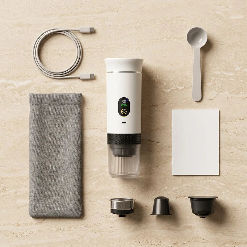 Portable Espresso Machine with LED Display – White, 80 ml – included accessories