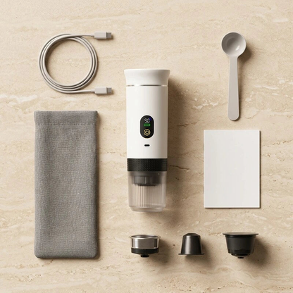 Portable Espresso Machine with LED Display – White, 80 ml – included accessories