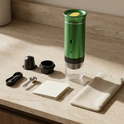 Portable Espresso Maker – Green, 3-in-1, USB-C – included accessories