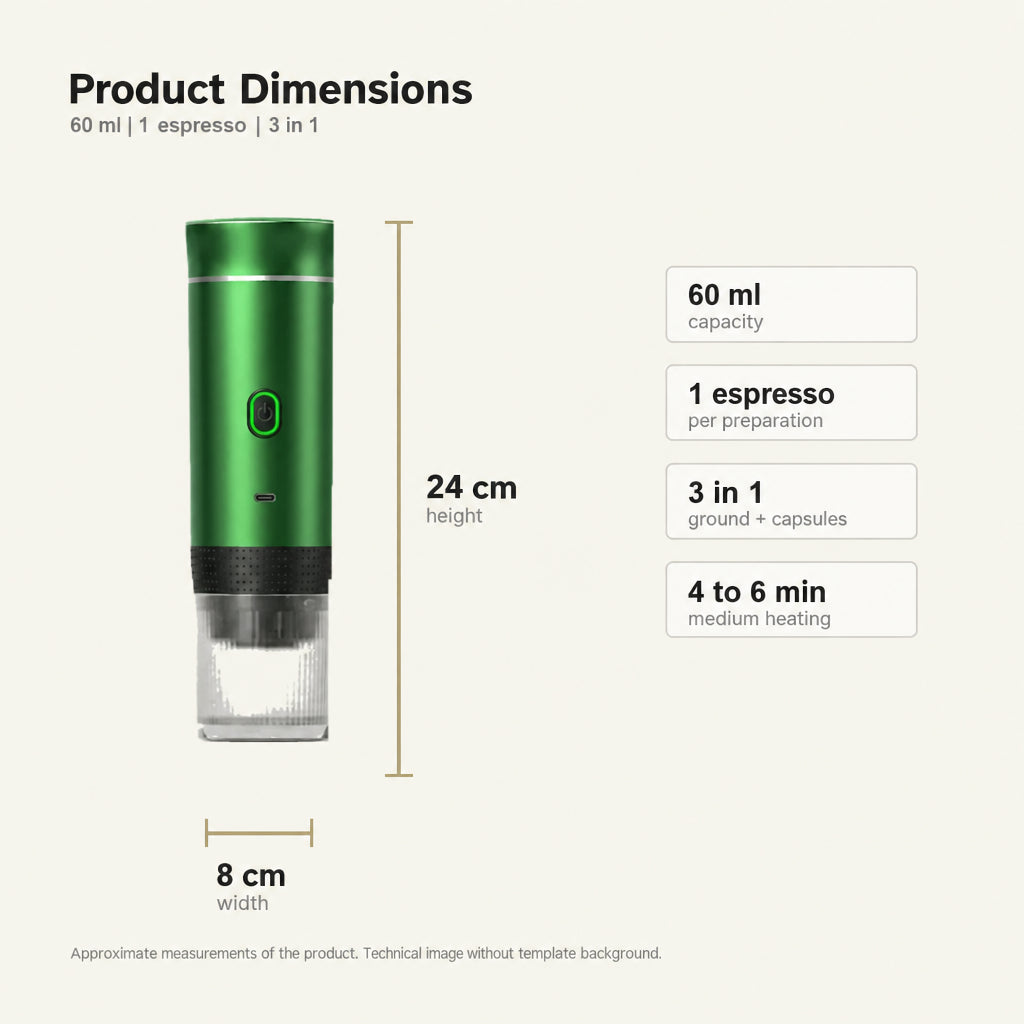 Portable Espresso Maker – Green, 3-in-1, USB-C – dimensions and specifications