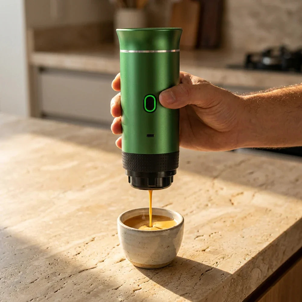 Portable Espresso Maker – Green, 3-in-1, USB-C – in use