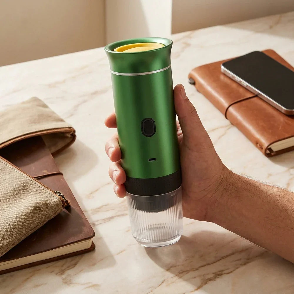 Portable Espresso Maker – Green, 3-in-1, USB-C – in a lifestyle setting