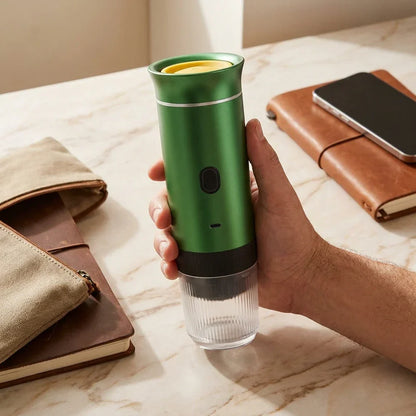 Portable Espresso Maker – Green, 3-in-1, USB-C – in a lifestyle setting
