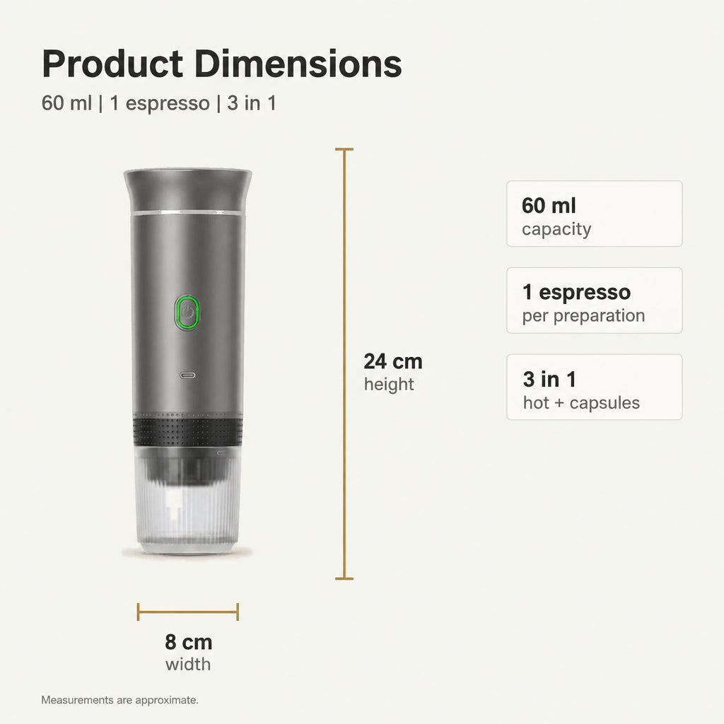Portable Espresso Maker – Grey, 3-in-1, USB-C – dimensions and specifications