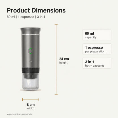 Portable Espresso Maker – Grey, 3-in-1, USB-C – dimensions and specifications