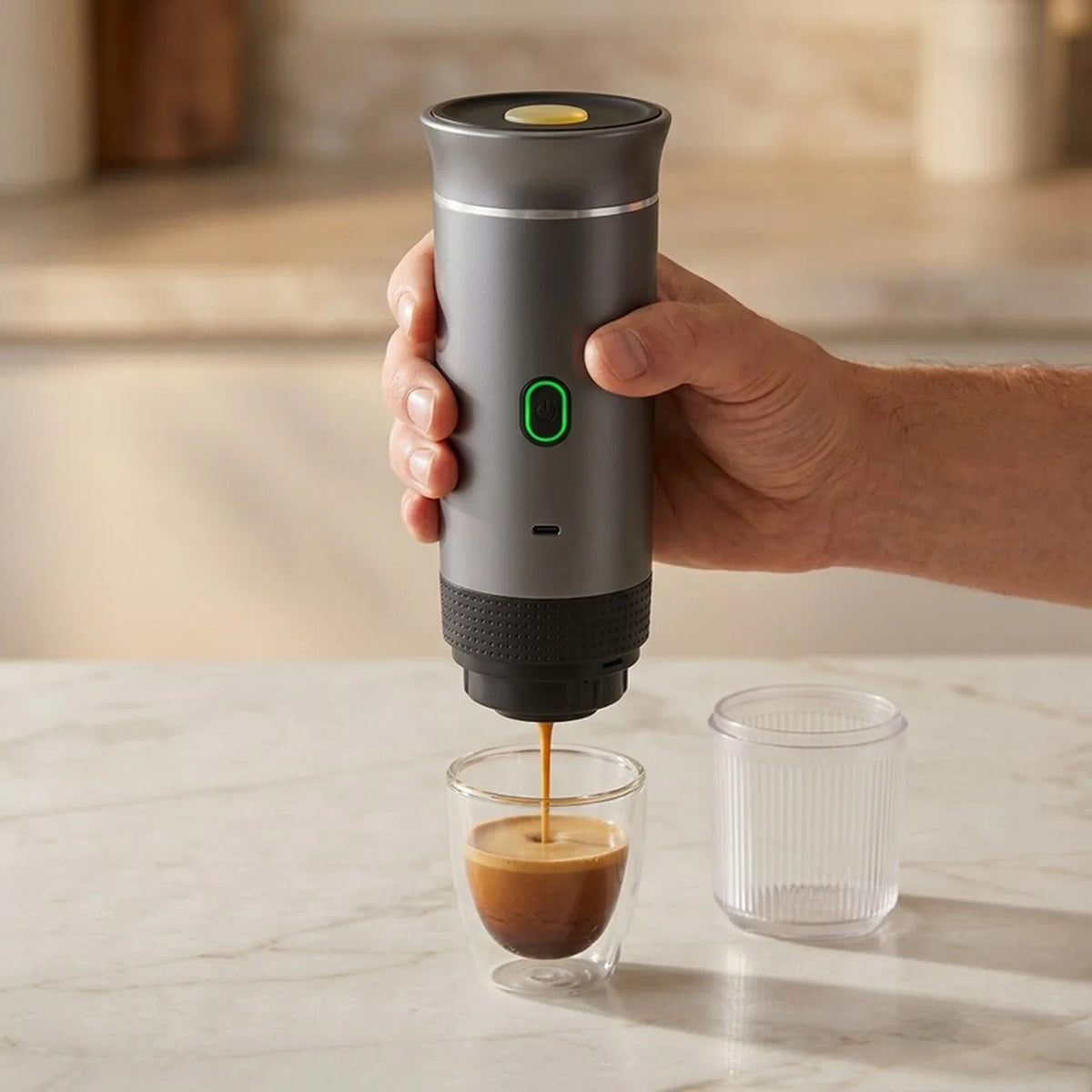 Portable Espresso Maker – Grey, 3-in-1, USB-C – in use