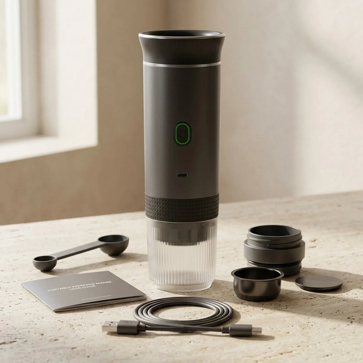 Portable Espresso Maker – Grey, 3-in-1, USB-C – included accessories