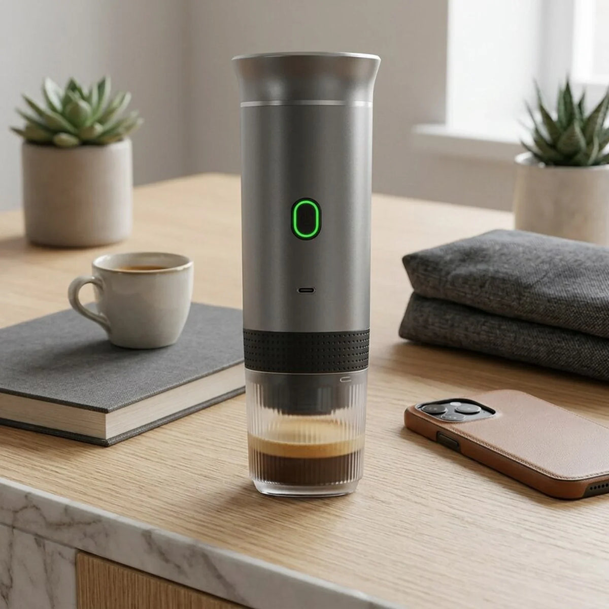 Portable Espresso Maker – Grey, 3-in-1, USB-C – in a lifestyle setting