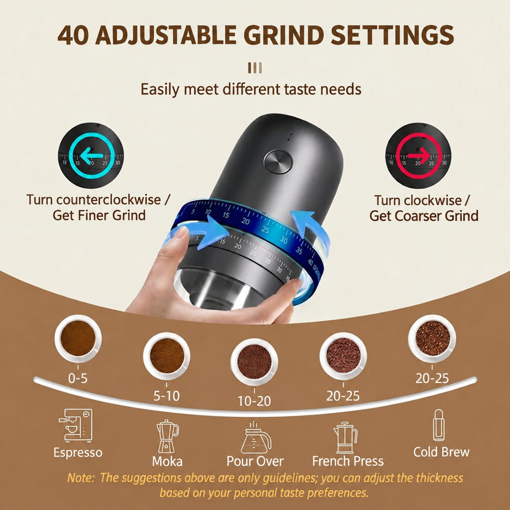 Portable Electric Burr Coffee Grinder – USB-C, 40 Settings – feature overview