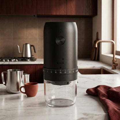 Portable Electric Burr Coffee Grinder – USB-C, 40 Settings – in use