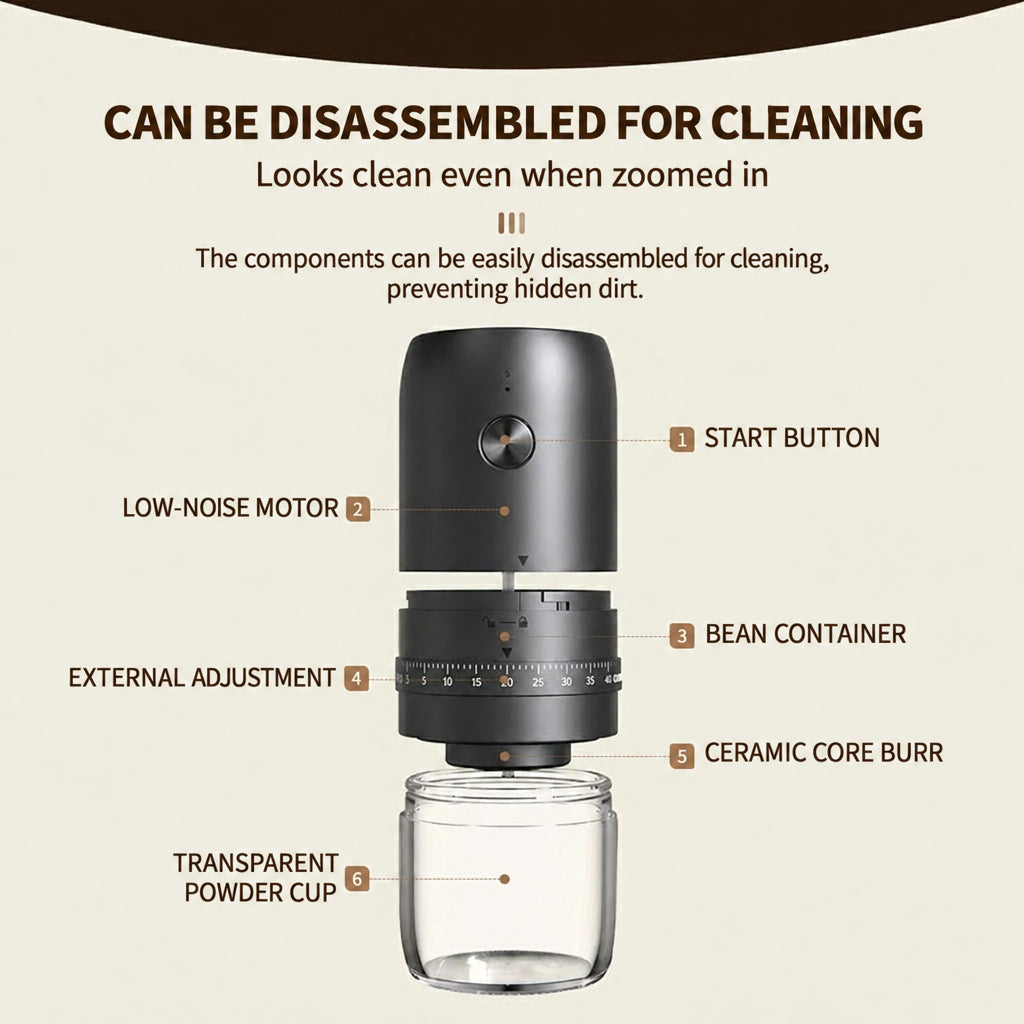 Portable Electric Burr Coffee Grinder – USB-C, 40 Settings – included accessories