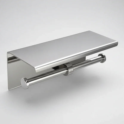 Silver-coloured double toilet roll holder with a rectangular top shelf against a pale background.