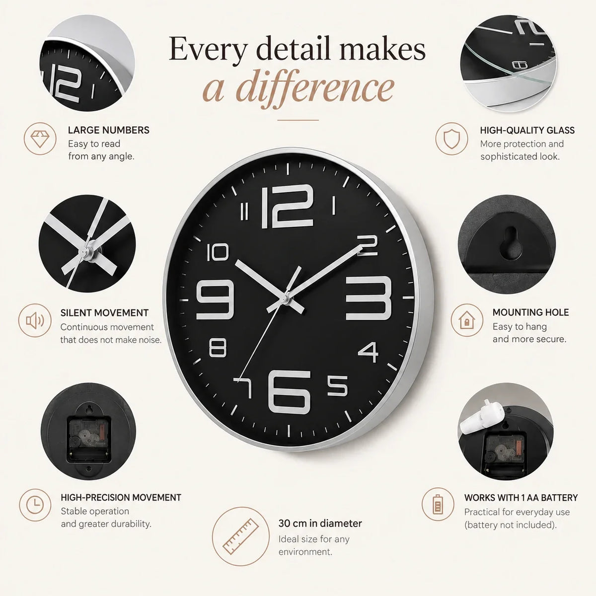 Aurelio Silver & Black 30cm silver wall clock, features graphic: large numerals, silent movement, hanging hole and one AA battery
