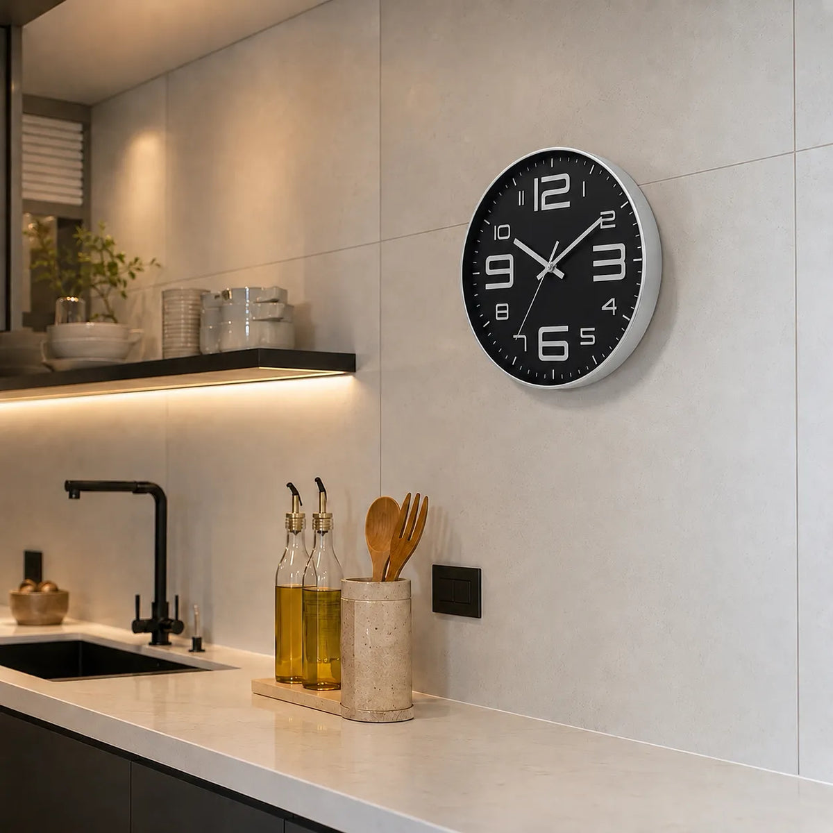Aurelio Silver & Black 30cm silver wall clock, in a kitchen