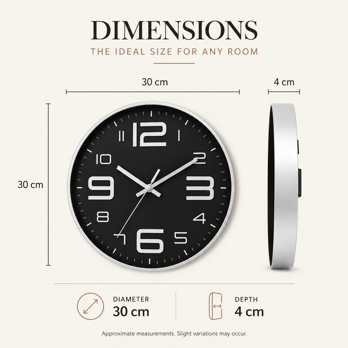 Aurelio Silver & Black 30cm silver wall clock, size guide, 30 cm diameter