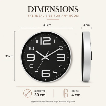 Aurelio Silver & Black 30cm silver wall clock, size guide, 30 cm diameter