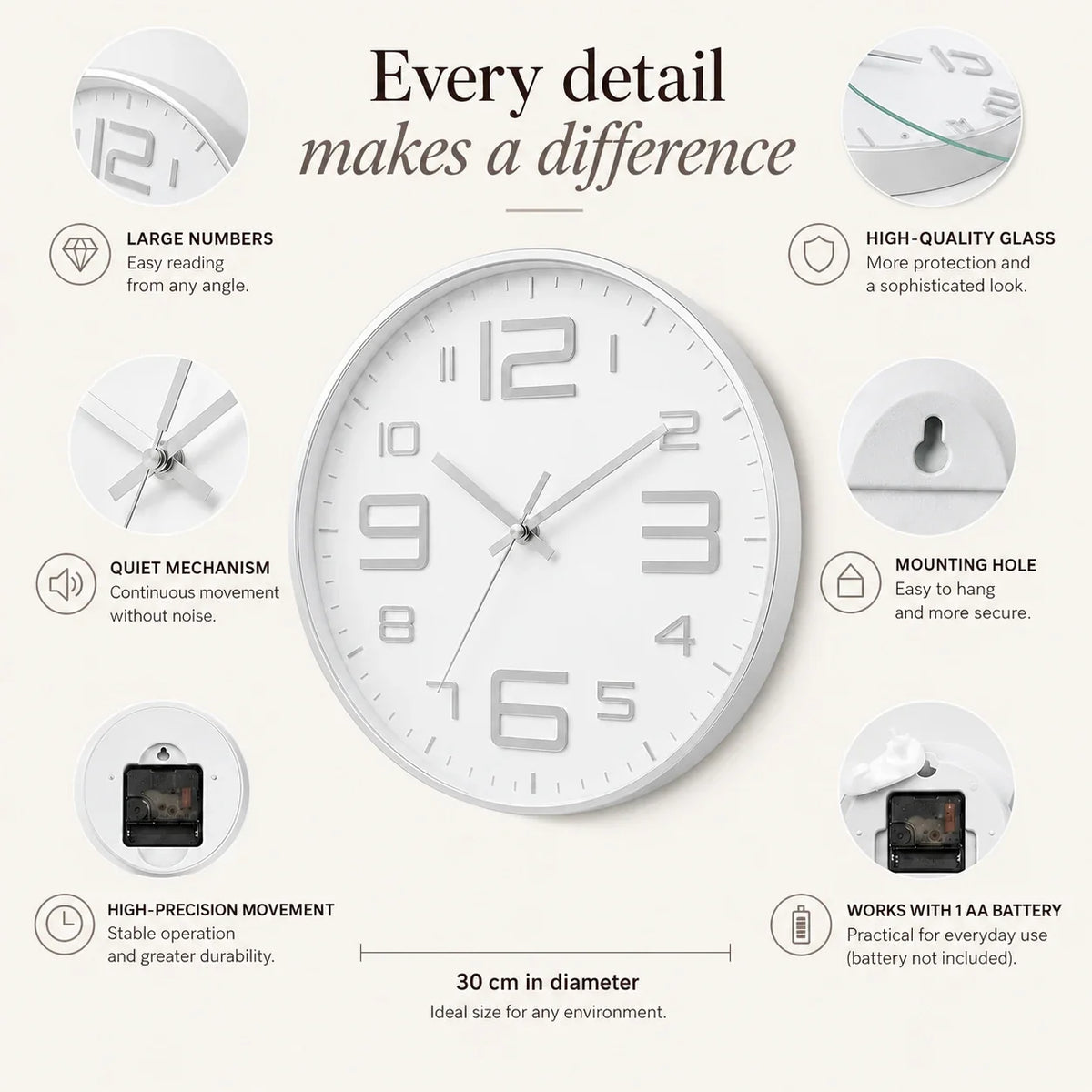 Aurelio Silver & White 30cm silver wall clock, features graphic: large numerals, silent movement, hanging hole and one AA battery
