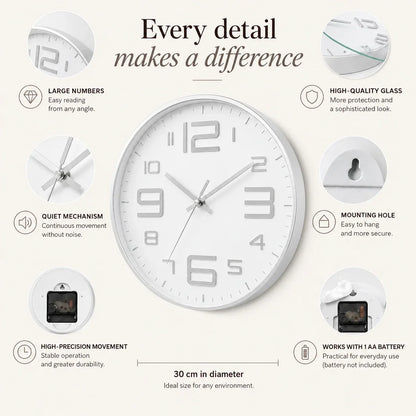 Aurelio Silver & White 30cm silver wall clock, features graphic: large numerals, silent movement, hanging hole and one AA battery
