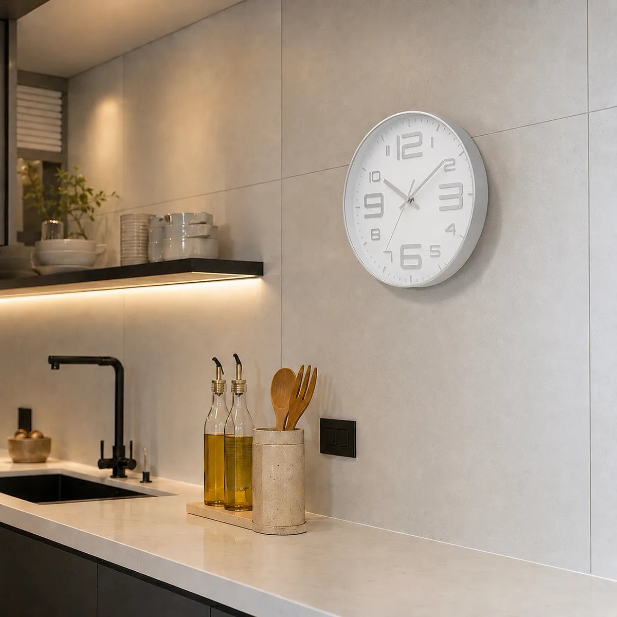 Aurelio Silver & White 30cm silver wall clock, in a kitchen