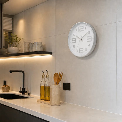 Aurelio Silver & White 30cm silver wall clock, in a kitchen