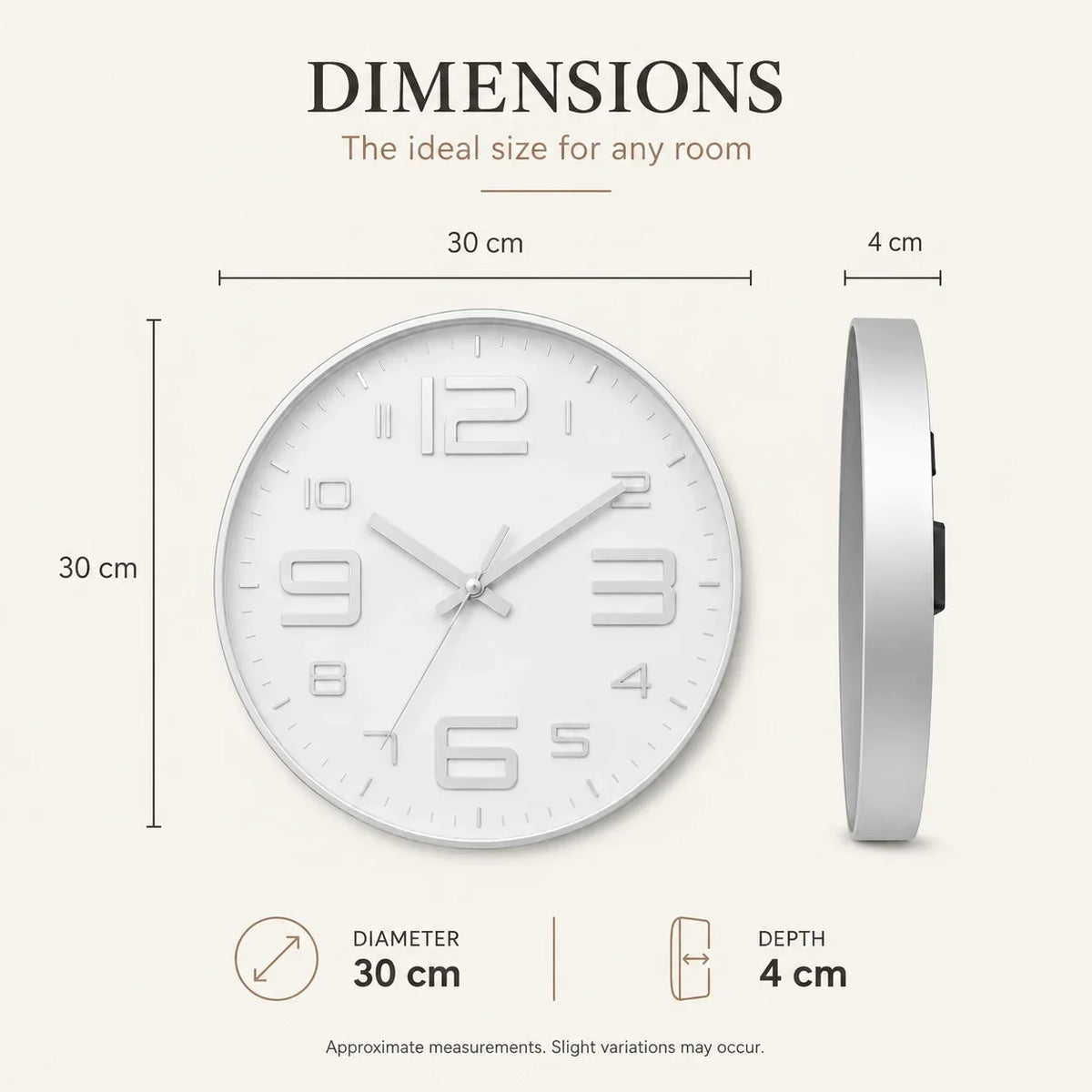 Aurelio Silver & White 30cm silver wall clock, size guide, 30 cm diameter