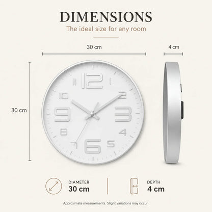 Aurelio Silver & White 30cm silver wall clock, size guide, 30 cm diameter