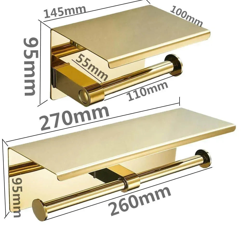 Measurement diagrams of single and double toilet roll holders with shelf widths of 145 mm and 270 mm.