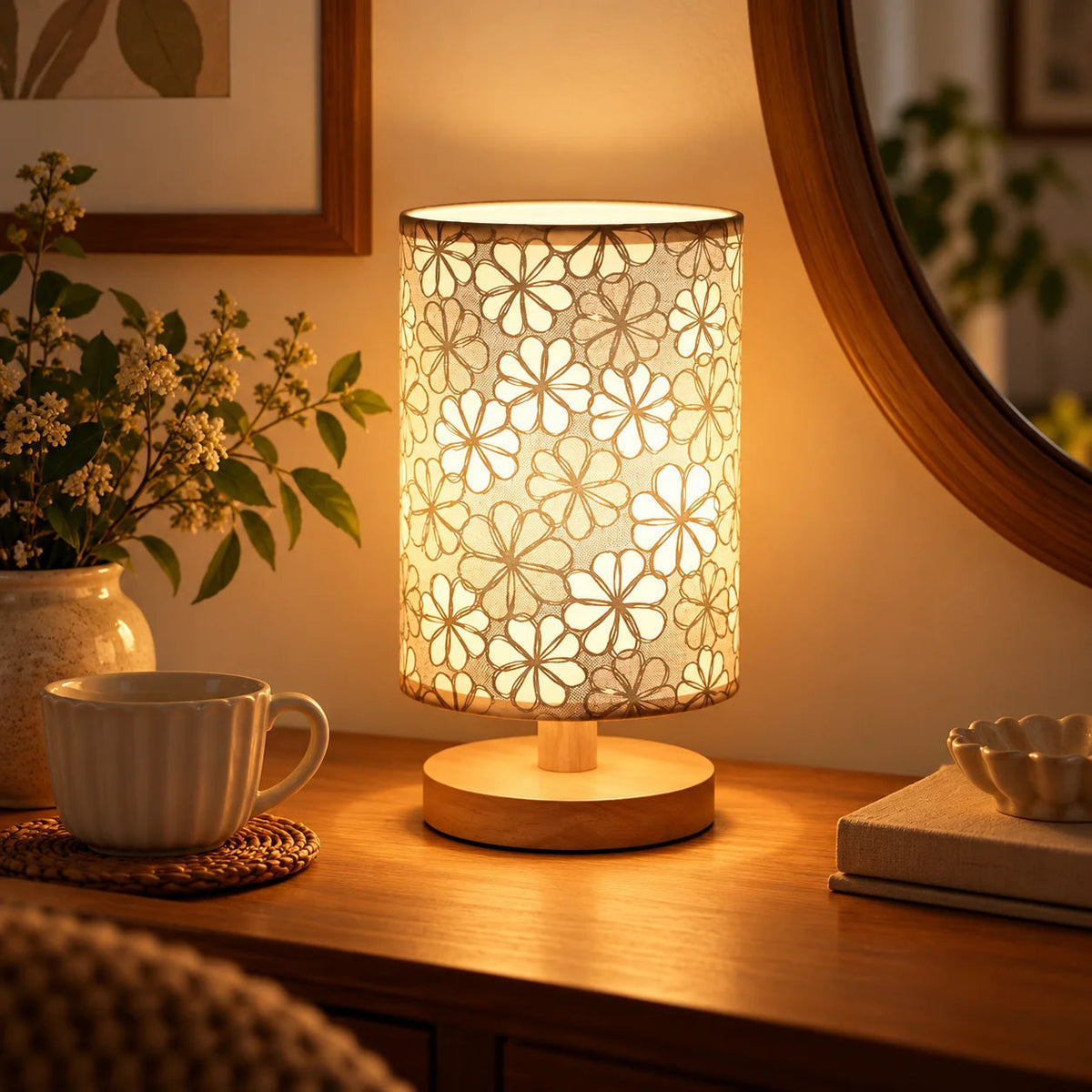 Small floral table lamp with wood base styled for bedroom decor
