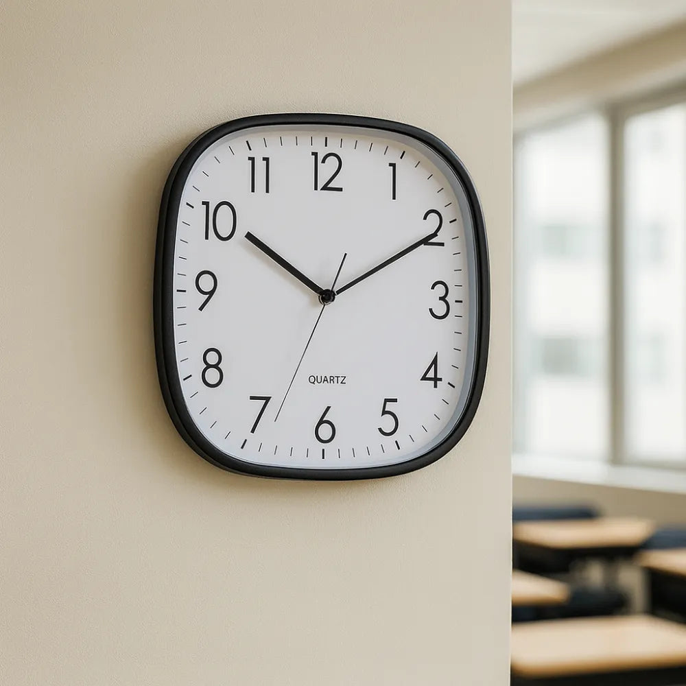 Torino Black 30cm square wall clock, on a dining room wall