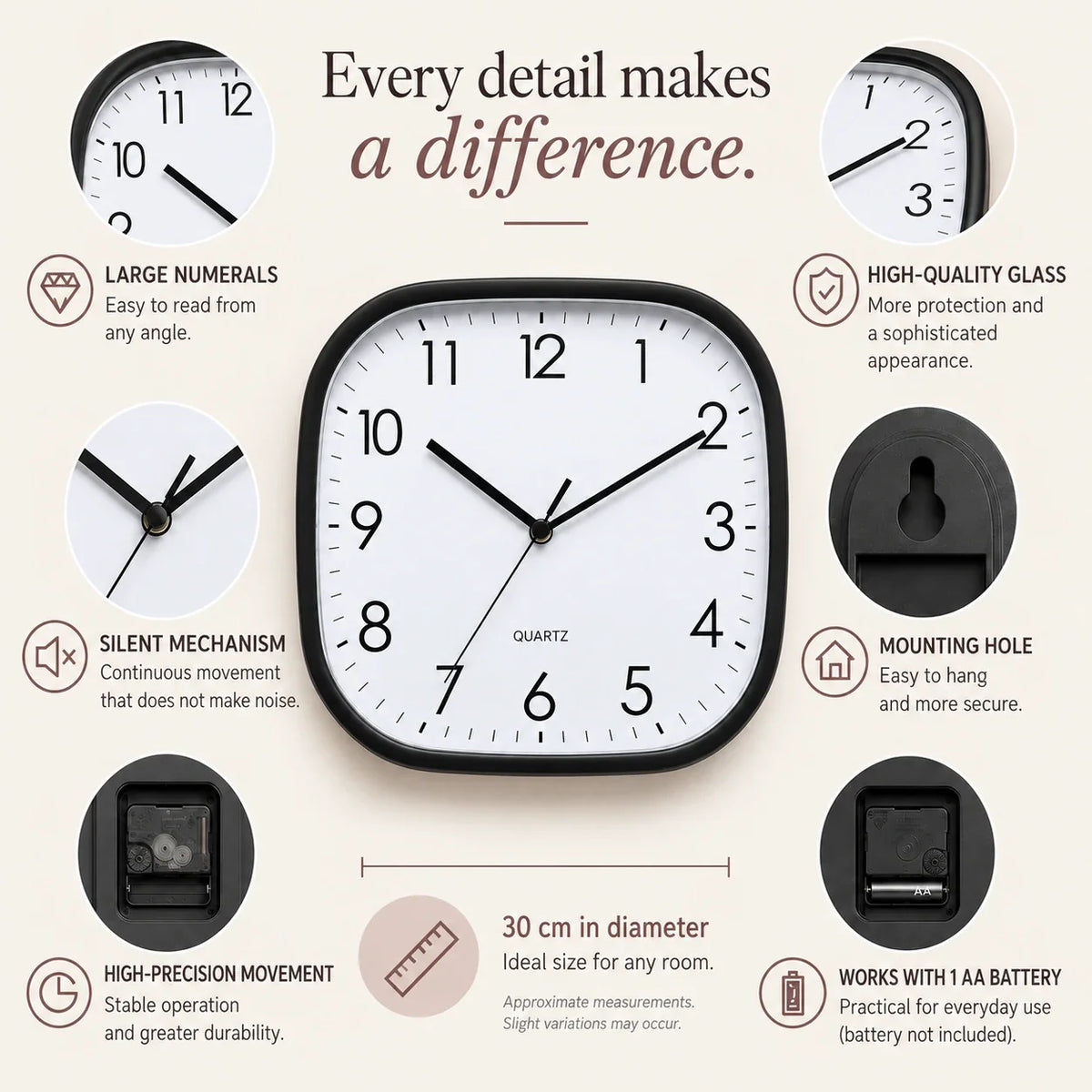 Torino Black 30cm square wall clock, features graphic: large numerals, silent movement, hanging hole and one AA battery