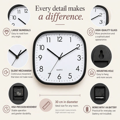 Torino Black 30cm square wall clock, features graphic: large numerals, silent movement, hanging hole and one AA battery
