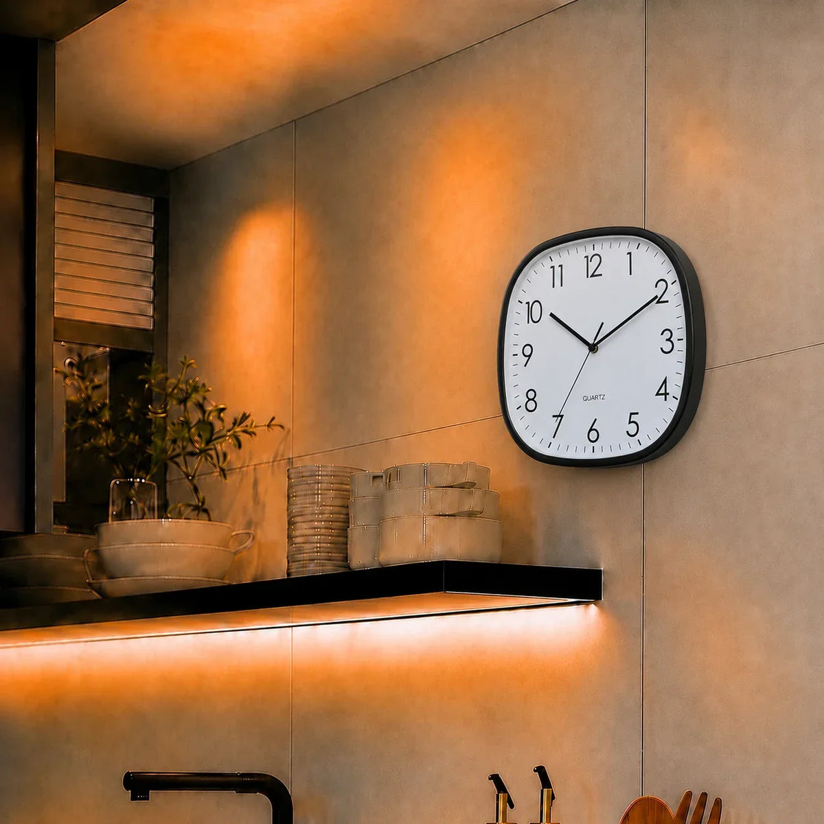 Torino Black 30cm square wall clock, in a kitchen