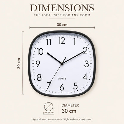 Torino Black 30cm square wall clock, size guide, 30 cm side length