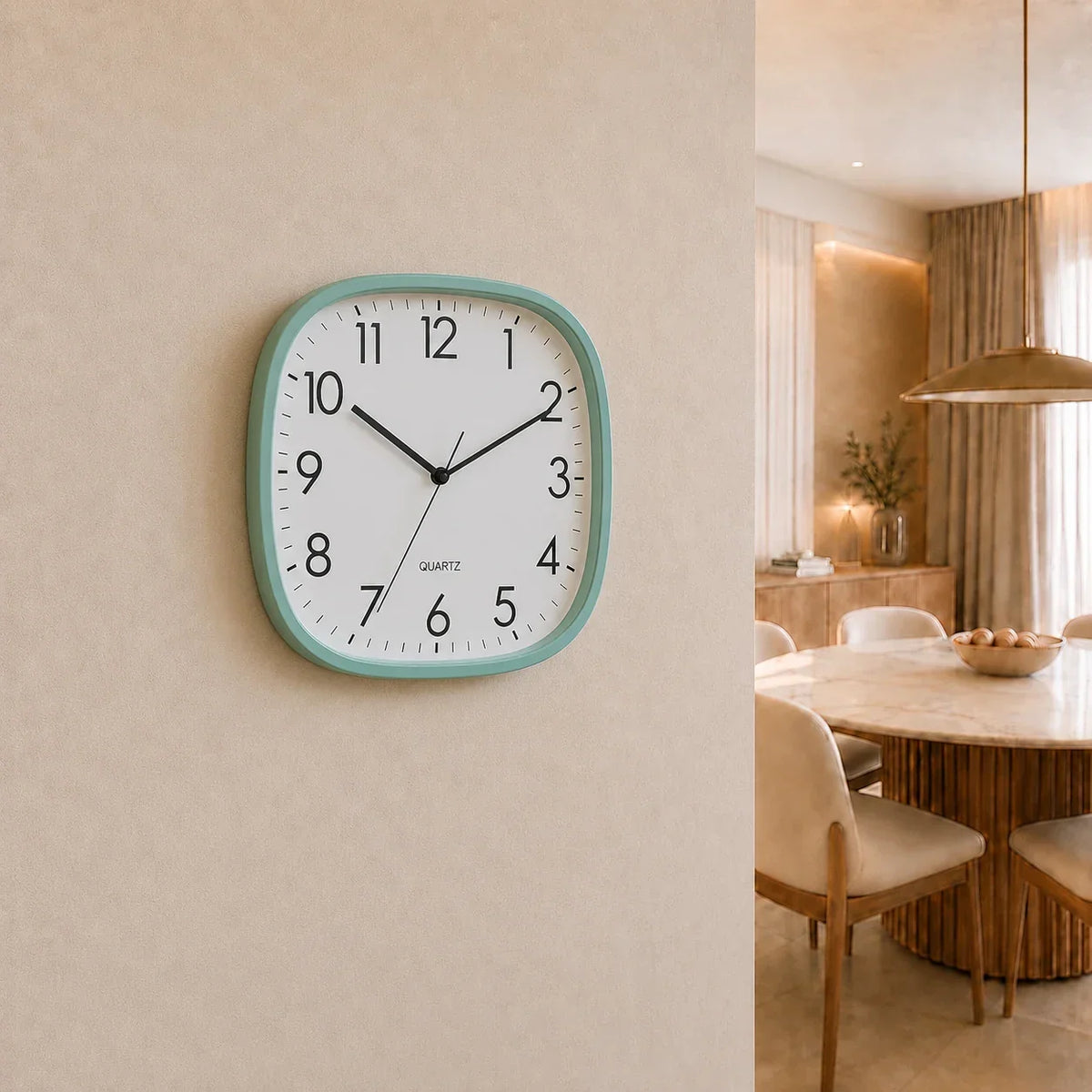 Torino Green 30cm square wall clock, on a dining room wall
