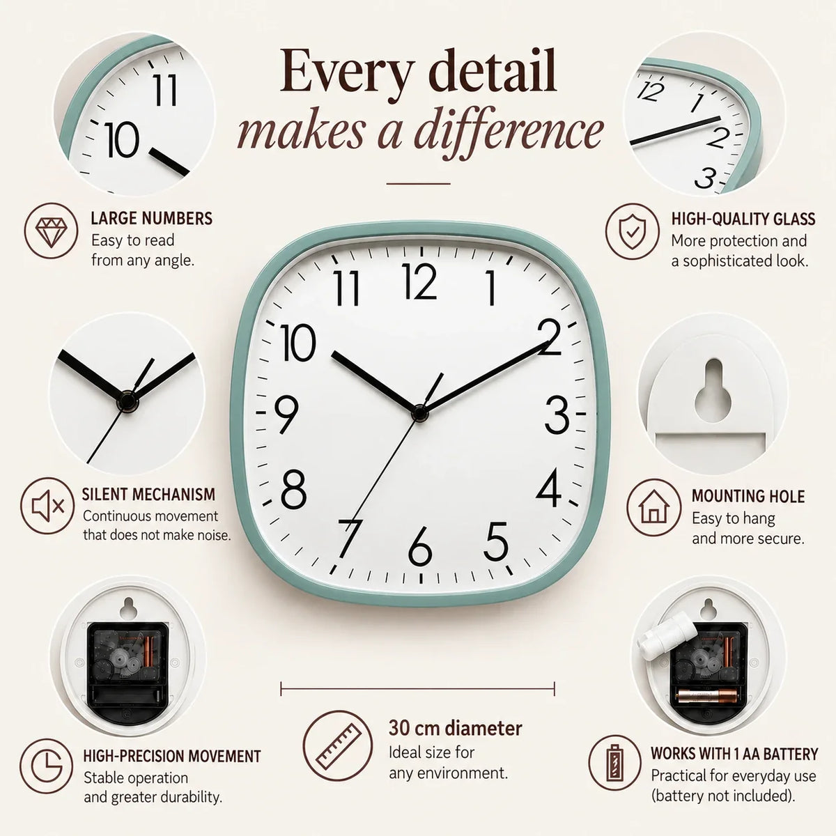 Torino Green 30cm square wall clock, features graphic: large numerals, silent movement, hanging hole and one AA battery