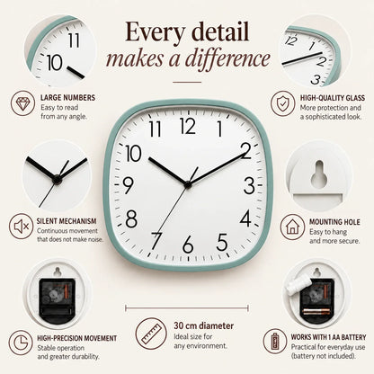 Torino Green 30cm square wall clock, features graphic: large numerals, silent movement, hanging hole and one AA battery