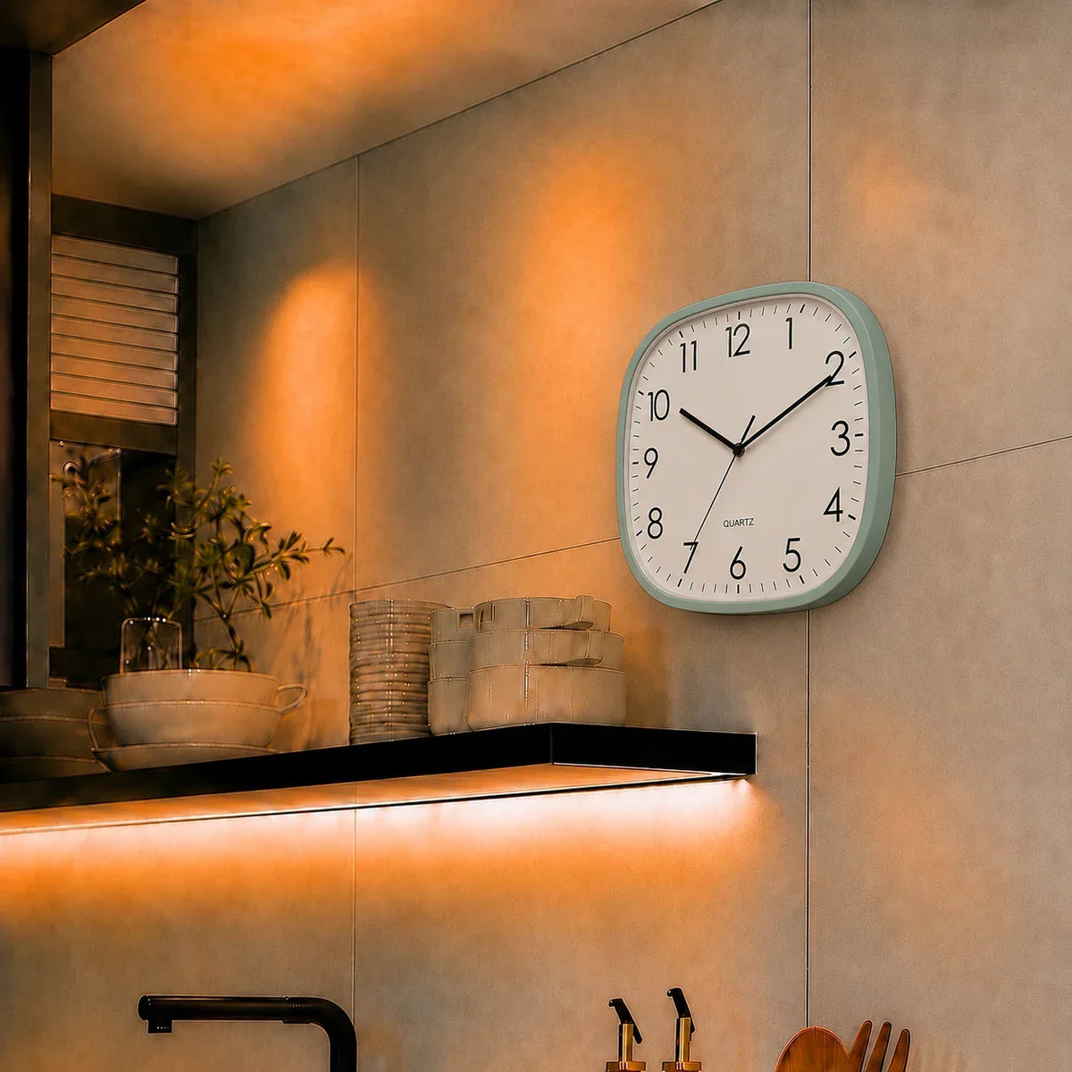 Torino Green 30cm square wall clock, in a kitchen